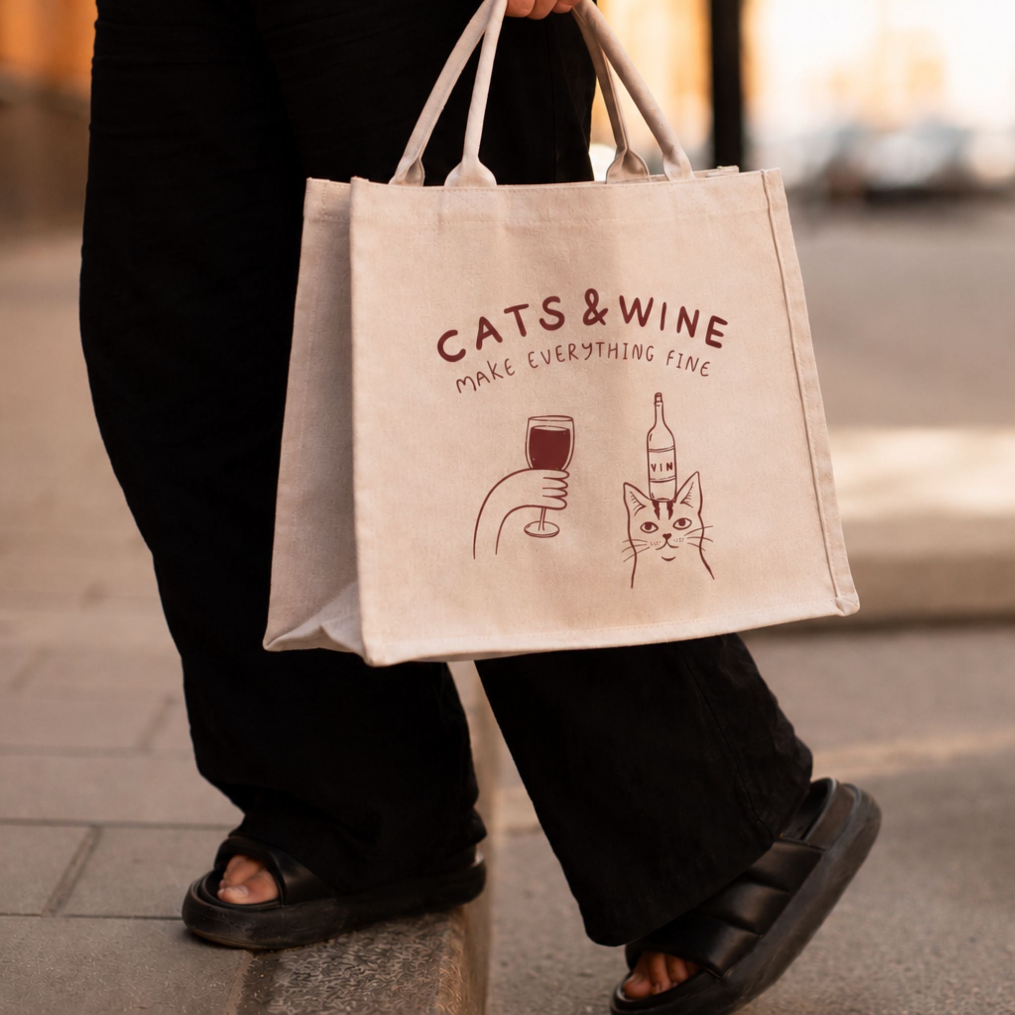 Beige Premium Tote Bag - Cats & Wine Make Everything Fine