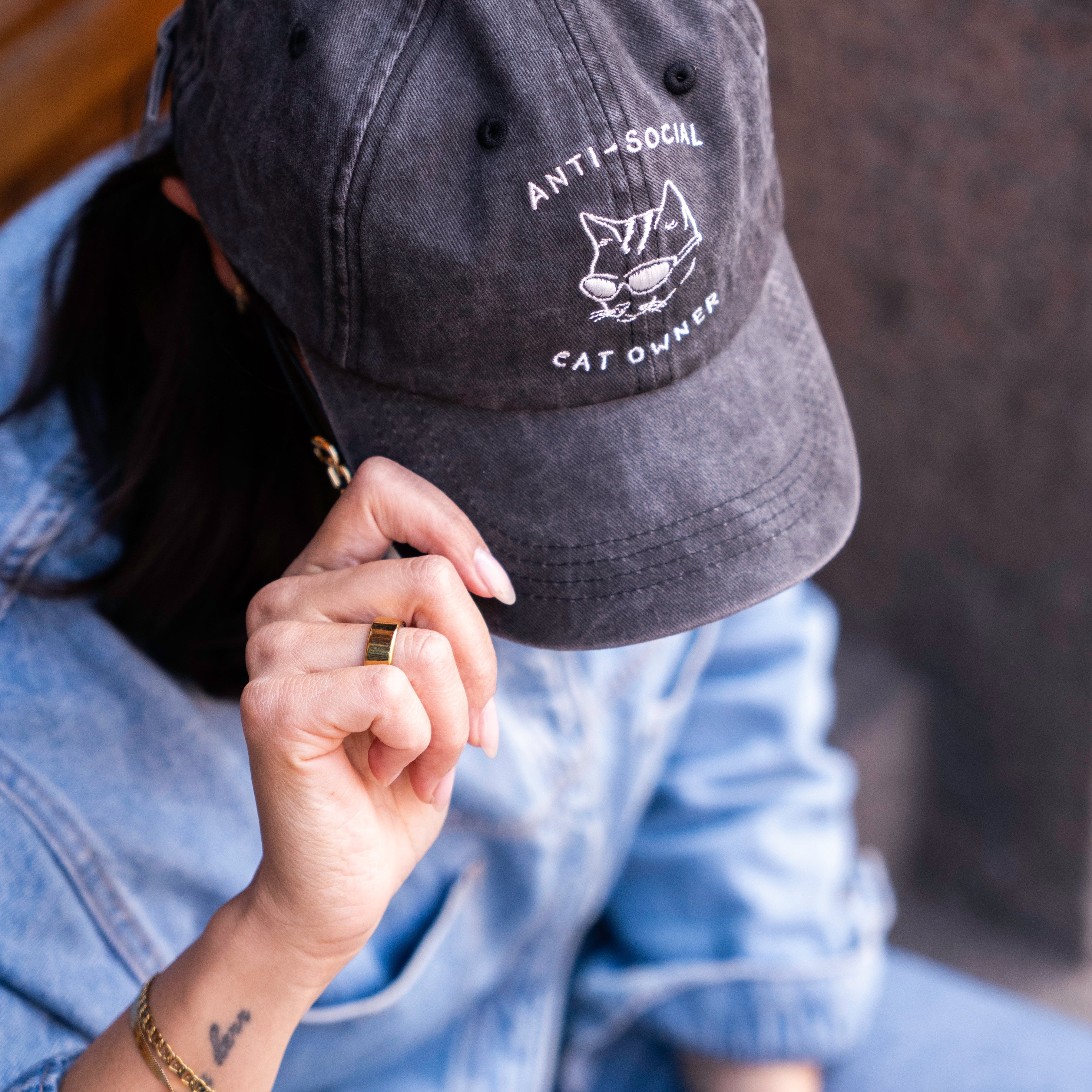 Casquette en denim noir - Logo "Anti-Social Cat Owner" 